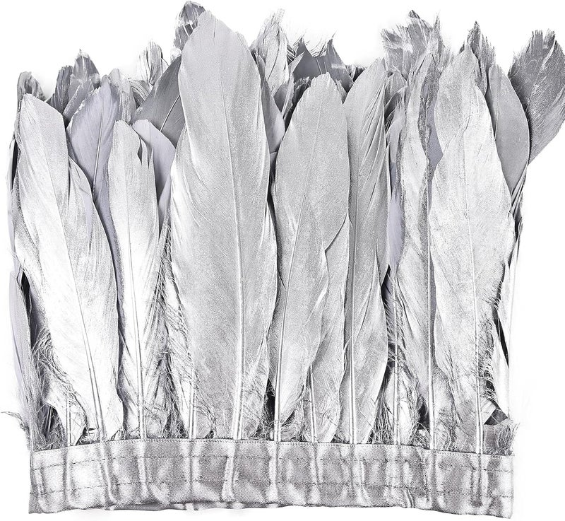 MAOFENG 2 Yards Natural Goose Feathers Trim Sewing Fringe Fashion Dress Sewing 6-8inch for DIY Handicrafts Costumes Decoration,Silver - Image 1